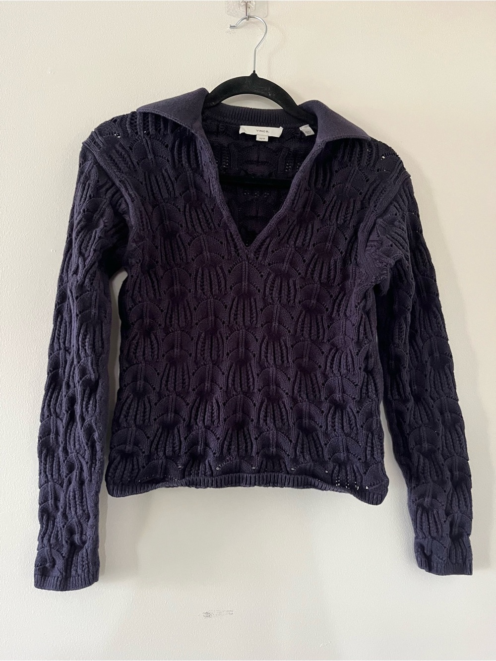 Vince Navy Blue Cotton Open Knit Collared Sweater XS Preppy Coastal Quiet Luxury